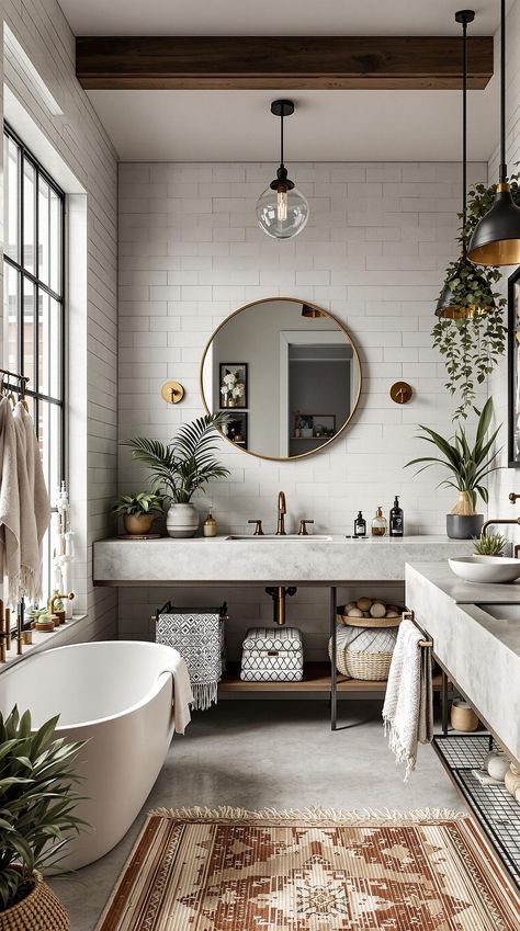 Boho Bathroom Ideas Modern Bohemian Bathroom, Boho Industrial Decor, Moroccan Inspired Bathroom, Modern Boho Bathroom, Boho Master, Bathroom Decor Modern, Boho Textiles, Boho Bathroom Ideas, Industrial Boho