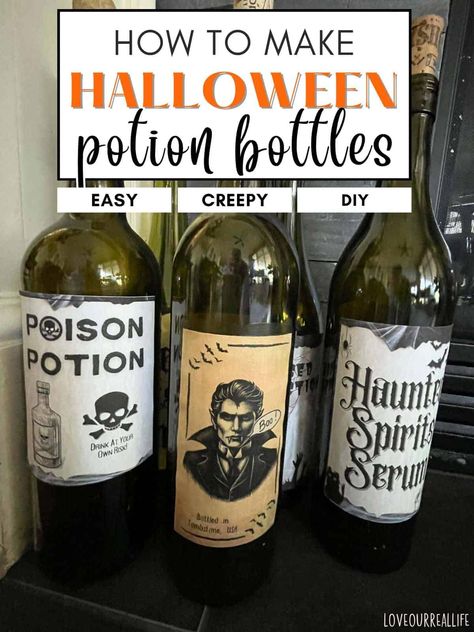 Looking for a spooky Halloween craft? Try this Potion Bottles DIY using old wine bottles! You can easily create Halloween potion bottles by adding labels and creativity. Perfect for adding some potion bottle Halloween decor to your space! Spooky Wine Bottles, Potion Bottles Diy, Diy Potion Bottles, Halloween Wine Bottle Labels, Holiday Centerpieces Diy, Halloween Bottle Labels, Halloween Wine Bottles, Spooky Halloween Crafts, Creative Pumpkin Painting