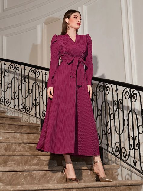 SHEIN Modely Puff Sleeve Wrap Belted Dress | SHEIN USA Convocation Dress, Dresses Design, Pakistani Dress, Shein Dress, Turkish Beauty, Pakistani Dress Design, Couple Outfits, Mode Fashion, Pakistani Dresses