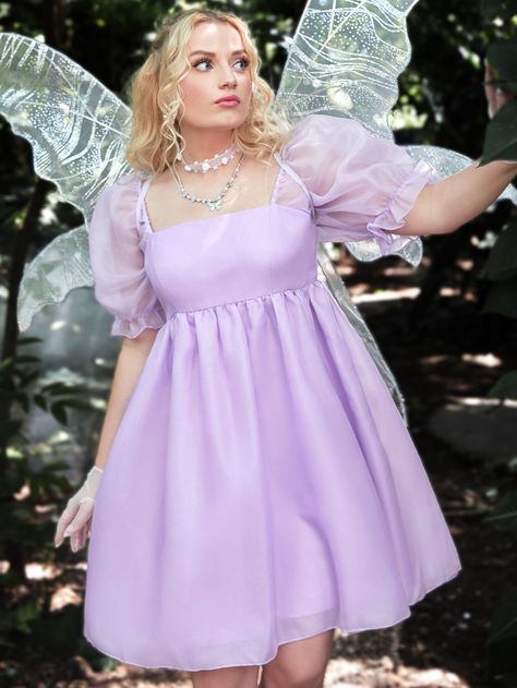 Plus Square Neck Puff Sleeve Organza Dress Fairy Dress Plus Size, Purple Dress With Puffy Sleeves, Fairy Costume Plus Size, Fairy Plus Size, Purple Puff Dress, Purple Dress Puffy Sleeves, Lilac Purple Dress, Plus Size Fairy, Plus Size Fairy Costume