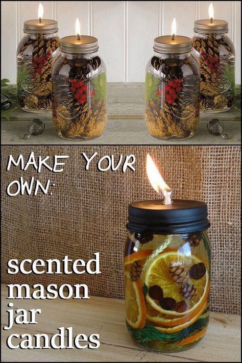 ขวดโหล Mason Jar, Mason Jar Oil Candle, Scented Mason Jar Candles, Joululahjat Diy, Potpourri Recipes, Diy Scent, Mason Jar Projects, Oil Candle, Kids Crafting