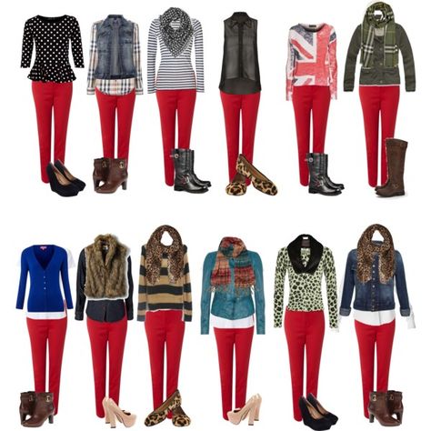 Capsule Wardrobe -- 1 by cocogolightly on Polyvore featuring Miso, Religion Clothing, Moschino Cheap Red Leggings Outfit, Red Jeans Outfit, Red Pants Outfit, Religion Clothing, Clothes And Shoes, Red Leggings, Legging Outfits, Red Jeans, Fall Capsule Wardrobe