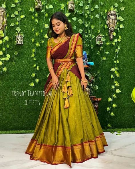 Naryanapattu Sarees, Narayanapet Half Saree Blouse Designs, Narayanpet Pattu Half Sarees, Langa Dhawani Blouse Design, South Indian Langa Blouse, South Indian Traditional Dress For Women, Simple Half Sarees Latest Designs, Pattu Half Saree Blouse Designs Latest, South Indian Lehenga Half Saree Simple