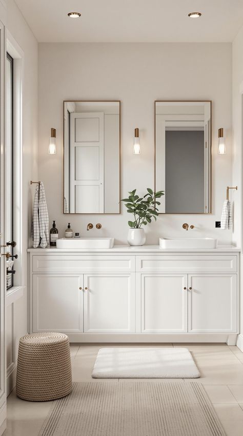 Neutral Bathroom Decor Warm Modern Bathroom, Warm Neutral Bathroom Ideas, Mcgee And Co Bathroom, White Bathroom Vanity Ideas, Neutral Bathroom Decor Ideas, Beige And Black Bathroom, Modern Neutral Bathroom, Ivory Bathroom, White And Gold Bathroom