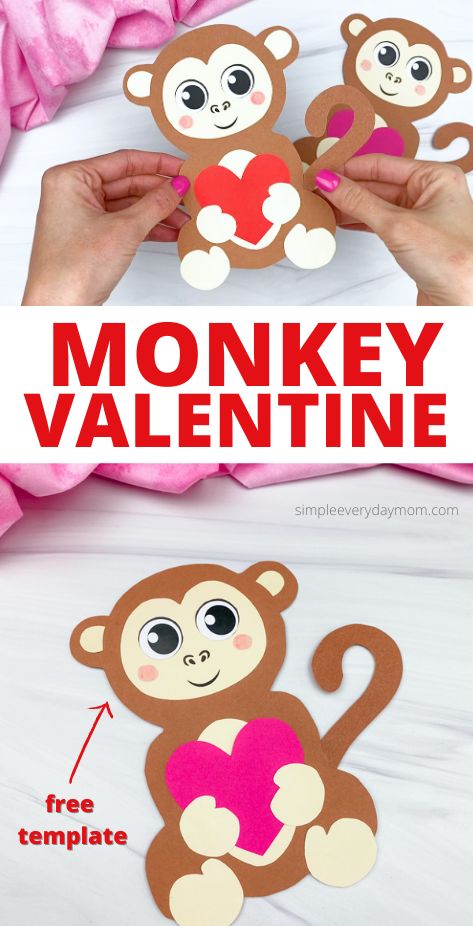 This monkey valentine craft is a fun and easy activity that kids will love to create! Download the free printable template and make it with preschool, prek, and kindergarten children. Monkey Valentine, Valentines Diy Kids, Valentine Template, Monkey Crafts, February Crafts, Easy Valentine Crafts, Valentine Craft, Easy Art For Kids, Construction Paper Crafts