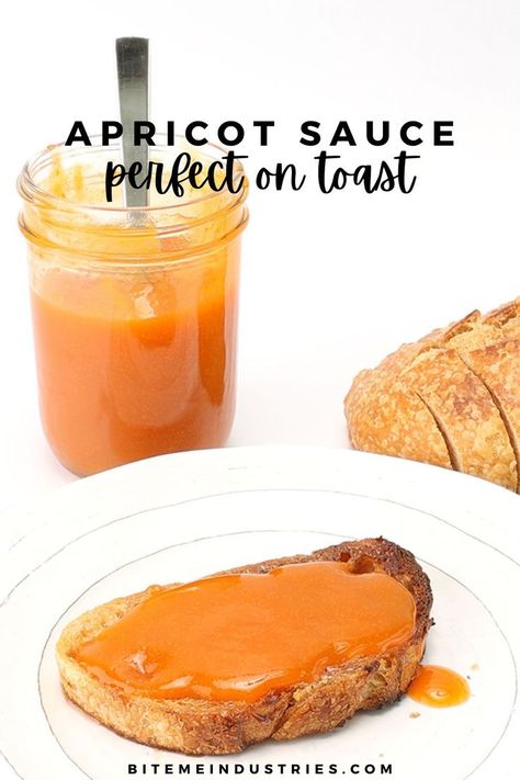 Slice of toast with apricot sauce on a plate with the mason jar of fruit sauceTw What To Do With Apricots, Recipes With Apricots, Apricot Recipes Dinner, Apricot Recipes Fresh, Homestead Meals, Apricot Preserves Recipe, Apricot Sauce Recipe, Apricot Filling, Apricot Sauce