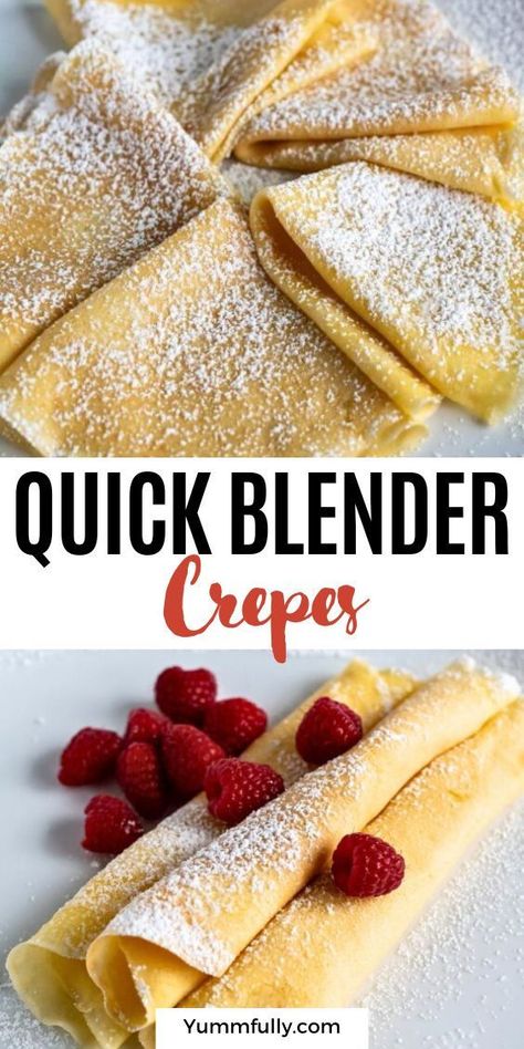 Looking for a special treat for breakfast or brunch? Look no further! Blender crepes are easy to make yet sophisticated and elegant. Whether you want to stuff them with Nutella and fruit, fruit compote, or just dust them with powdered sugar, you can never go wrong with crowd-pleasing crepes! Blender Crepes, Crepes Recipe Breakfast, Fruit Crepes, Crepe Recipe Savory, Best Crepe Recipe, Dessert Crepes, Homemade Crepes, Baked Breakfast, Easy Crepe Recipe