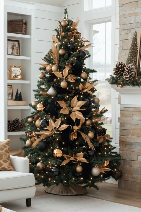 Looking to elevate your holiday decor? This black and gold Christmas tree is the perfect blend of modern elegance and festive charm! Featuring bold black Christmas tree ornaments and a luxurious color scheme of white, gold, and black, this tree is a striking centerpiece that adds sophistication to any room. Perfect for those who love unique ornaments and stylish color schemes, this Black and Gold Christmas Tree will make your home shine this season! Black And Gold Christmas Tree Ideas, Black And Brown Christmas Tree, Black Christmas Tree Ornaments, Black And Gold Christmas Tree, Gold Christmas Tree Ideas, Christmas Tree Colour Scheme, Black And Gold Christmas, Black Gold Christmas, Black Christmas Tree