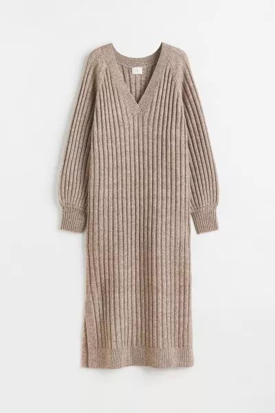 Black Turtleneck Dress, Wool Knitted Dress, Rib Knit Top, Calf Length Dress, Dress Beige, Ribbed Knit Dress, Ribbed Dresses, Turtle Neck Dress, Hm Dress