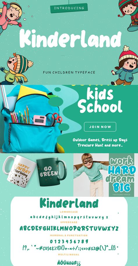 Kinderland is a fun children font which perfect for children and kindergarten events. #Handwritten #Brush #Modern #Business #Logo #Typography #Retro #Branding #Happy #Fun #Happiness #Joyful #Kids #Children Kindergarten Branding, School Pamphlet, Kids Typography, Kindergarten Logo, Holiday Typography, Font Idea, Book Typography, Card Game Design, Kids Graphic Design