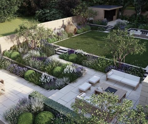 Landscape Tiered Garden, Garden Different Levels, 3 Tiered Garden Ideas, Garden On Levels, Polly Wilkinson Garden, Sloping Garden Design, Garden Levels Ideas, Two Tier Patio, Terraced House Garden Backyards