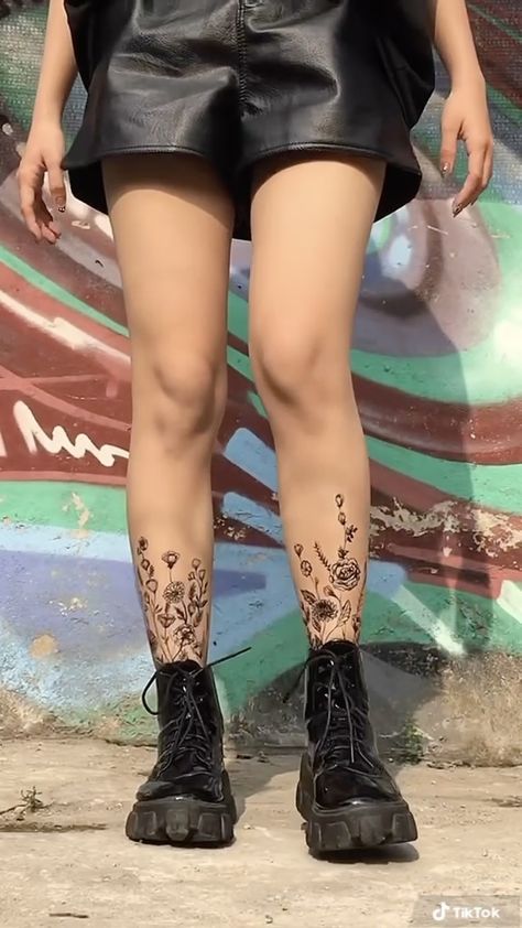 Minimalist Shin Tattoo, Shin Tattoo Flower, Fiminest Tattoo, Plant Tattoos On Leg, Flower Pot Ankle Tattoo, Feminine Shin Tattoos, Flower Tattoo On Lower Leg, Flowers Around Leg Tattoo, Flower Tattoos Around Ankle