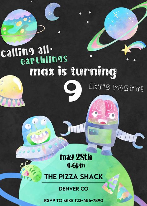 Alien Birthday, Space Invitation, Party Pizza, Alien Party, Space Birthday Invitation, Space Birthday, Space Party, Paper Designs, Pizza Party