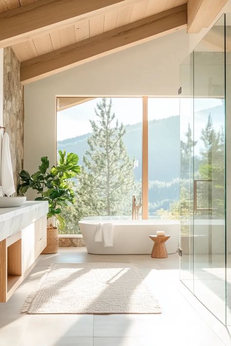 Bathroom Freestanding Bath, Modern Mountain Cabin Interior, Modern Mountain Bathroom, Mountain Home Bathroom, Natural Minimalist Home, Bathroom Freestanding Tub, Mountain Homes Interiors, Dream Bathroom Luxury, Mountain Bathroom