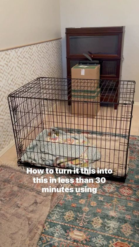 How To Cover Dog Crate, Dog Crate Ideas Bedrooms, Dog Crate Covers Diy, Decorating Dog Kennel, Dog Bed Living Room Ideas, How To Decorate A Dog Crate, Cute Dog Bed Ideas, How To Hide A Dog Kennel, Hiding Large Dog Crate Ideas