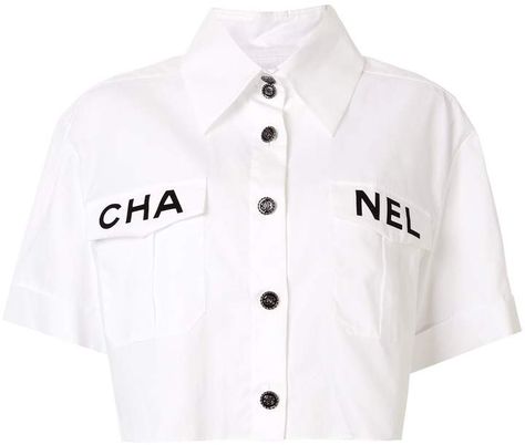 Chanel Pre-Owned cropped logo shirt Chanel Shorts, Chanel 2019, Button Collar Shirt, Chanel Runway, Chanel White, Chanel Shirt, Mode Chanel, Chanel Logo, Brand Shirts