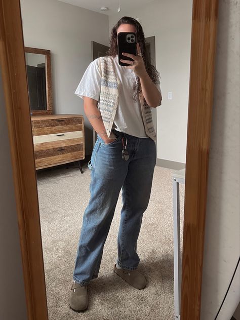 white tee, mutlicolored knit vest, jeans & birkenstock bostons Lesbian Sweater Vest Outfit, Lesbian Vest Outfit, Masc Granola Outfits, Lumberjack Lesbian Outfit, Tomboy Fall Outfits, Masc Lesbian Outfits Cargo Pants, Carpenter Jeans Outfit, Masc Lesbian Outfits Indie, Chapstick Lesbian Outfits