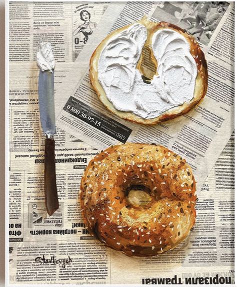 Bagel Painting, Bagel Drawing, Breakfast Painting, Painting Food, Food Art Painting, Newspaper Art, Food Artwork, Art Major, Painting 3d