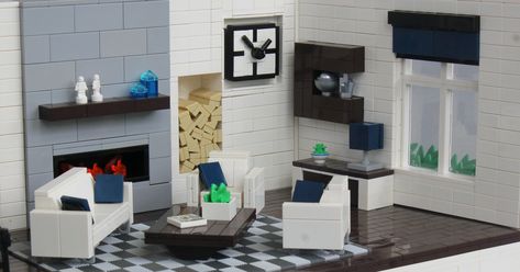 Modern Living Room | This article was originally published i… | Flickr Lego Living Room Ideas, Lego Living Room, Lego Interior Design, Lego Play, Lego House Ideas, Lego Furniture, Lego Land, Lego Building Instructions, Diy Lego