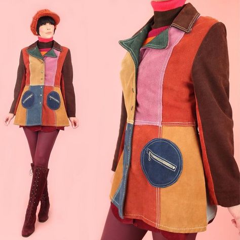 Hellhound Vintage on Instagram: "⚡️Sold⚡️in a Flash🤩Absolutely Stunning Late 60’s - Early 70’s Color Block Suede Jacket✨✨ Lilac-Pink + Shades of Blue + Spice Patchwork Detail Blue Suede Circle🔵Zipper Pockets, Attached Cinch Belt & Flared Bottom ~ A Rare & Beautiful Vintage Find🌷" Early 70s Fashion, 60s Jacket, Suede Trench Coat, Patchwork Clothes, Vintage Suede Jacket, Cinch Belt, Gloria Steinem, Seventies Fashion, Lilac Pink