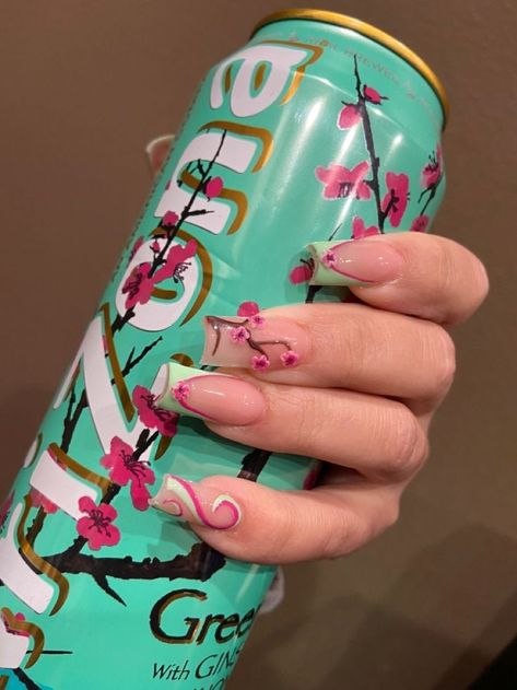 Green Tea Nails, Arizona Green Tea, Colored Acrylic Nails, Girly Acrylic Nails, French Tip Acrylic Nails, Simple Acrylic Nails, Short Square Acrylic Nails, Pretty Gel Nails, Soft Nails