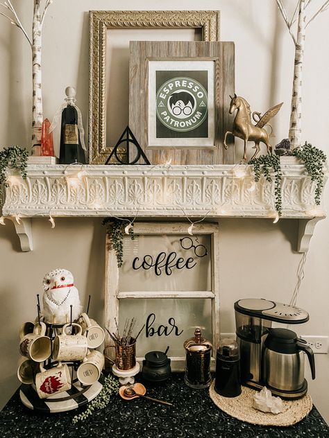 Harry Potter Harry Potter Kitchen Decor Ideas, Harry Potter Kitchen Theme, Harry Potter Coffee Bar Ideas, Harry Potter Themed Kitchen, Harry Potter Coffee Bar, Harry Potter Kitchen Decor, Bar Themes, Harry Potter Coffee, Harry Potter Kitchen