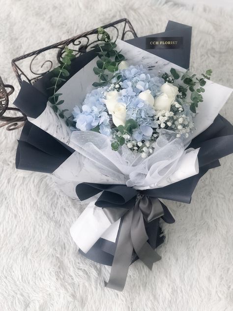 Carnation Hydrangea Bouquet, Blue Bouquet Aesthetic, College Graduation Flowers Bouquet, Hydrangea Bouquet Aesthetic, White Carnation Bouquet, Light Blue Hydrangea, Graduation Flower Bouquet, Birthday Flower Delivery, Ribbon Flowers Bouquet