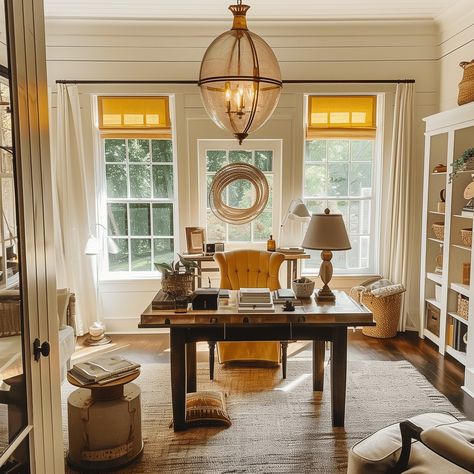 Warm Cottagecore Home Office Concept Cottagecore Office, Rustic Wooden Desk, Office Concept, Cottagecore Home, Welcoming Home, Building Remodeling, Coastal Contemporary, Tufted Chair, Wallpaper Walls Decor