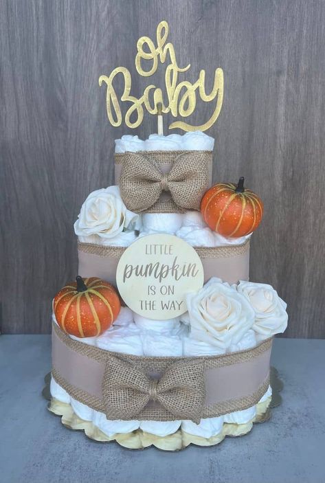 24 Fall Baby Shower Ideas - Lady Celebrations Little Pumpkin Diaper Cake, Fall Baby Shower Cake, Fall Diaper Cake, Pumpkin Diaper Cake, Fall Baby Shower Ideas, Pumpkin Theme Baby Shower, Pink Pumpkin Baby Shower, Pamper Cake, Fall Baby Shower Themes