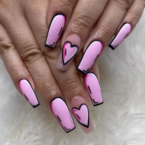 Bright Pink Nails With Hearts, Candy Heart Nail Art, Pop Art Nail Art, Candy Heart Nails, Pink Nails Ideas, Art Nail Ideas, Pop Art Nails, Nail Art Idea, Heart Nail Designs