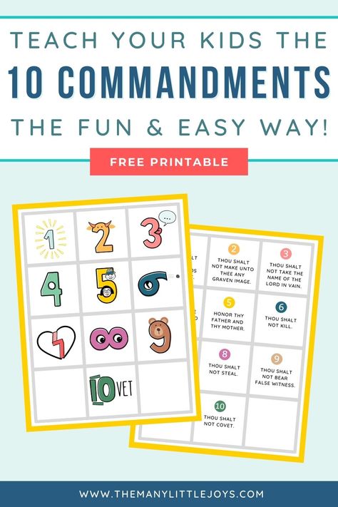 How to teach the Ten Commandments to kids with a fun & simple game! - The Many Little Joys Ten Commandments Activities, Ten Commandments Kids, Ten Commandments Craft, 10 Commandments Craft, Kids Church Lessons, Children's Church Crafts, The Ten Commandments, Primary Lessons, Bible Crafts For Kids