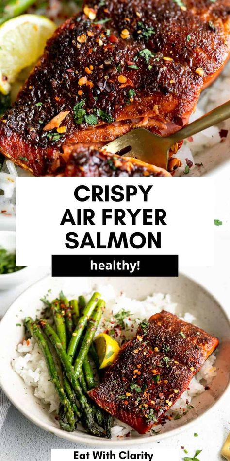 This simple air fryer salmon is packed with flavor, gluten free, paleo and can be made from fresh or frozen! This healthy salmon recipe is easy to make, and ready in 15 minutes. This salmon is perfect for a quick weeknight dinner for the family! Best Ever Air Fryer Salmon, Simple Salmon Recipe Air Fryer, Fresh Atlantic Salmon Recipes, Mediterranean Air Fryer Salmon, Frozen Salmon Air Fryer Recipes, Air Fried Salmon Recipe, Salmon Air Fryer Recipes Healthy, Air Fryer Salmon Filet, Frozen Salmon In Air Fryer