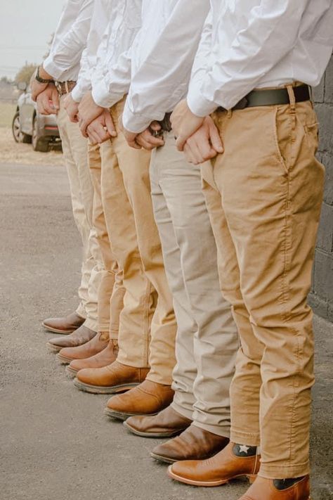 Cream Groomsmen Attire With Jeans, Khakis Wedding Outfit Men, Tan Pants Wedding Outfit Men, White Shirt Khaki Pants Men Wedding, Groom In Khaki Pants, Groom Khaki Pants, Groomsmen Outfits With Jeans, Khaki Pants Wedding Groomsmen, Groomsmen In Khaki Pants