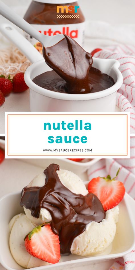 This EASY Nutella Sauce recipe transforms the chocolate hazelnut spread into a rich, decadent sauce that can be drizzled or dipped into! Nutella Syrup Recipes, Nutella Drizzle How To Make, Donut Dipping Sauce, Dipping Sauce For Cookies, Nutella Sauce Recipe, Nutella Dipping Sauce, Dessert Sauces Recipes, Nutella Dip Recipes, Nutella Syrup