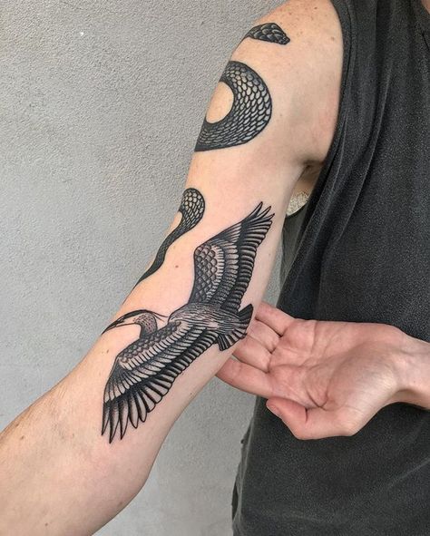 Just added the Heron to Olivia's arm. Wraps around a bit.. #tattoos #tattoo #blackwork #blackworkerssubmission #btattooing #herontattoo #tttismjustinoliviertattoo Heron Tattoo, Jagua Henna, Crane Tattoo, Forearm Tattoo Design, B Tattoo, Bird Tattoo, Tattoo Designs And Meanings, Black Ink Tattoos, Forearm Tattoos