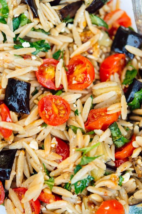 Roasted eggplant, tomato and feta pasta! This is an easy and healthy weeknight dinner. #vegetarian #summerrecipe #orzopasta Eggplant Orzo, Pasta Eggplant, Tomato Orzo, Light Pasta Dishes, Orzo Pasta Recipes, Light Pasta, Orzo Pasta Salad, Roasted Eggplant, Feta Pasta