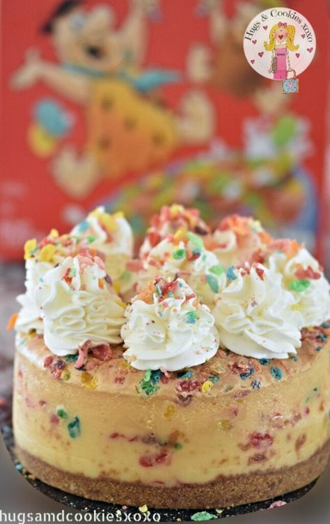 Fruity Pebbles Cheesecake, Fruity Pebble Cheesecake, Butterfinger Cheesecake, Apple Crisp Cheesecake, Fruity Pebble, Fruity Pebbles Cereal, Caramel Cheesecake, Piping Bag, Cheesecake Desserts