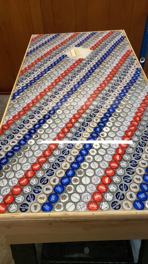 Bottle Cap Cornhole Boards Diy, Bottle Cap Table Top, Bourbon Bottle Crafts, Beer Cap Table, Bottle Cap Table, Diy Cornhole Boards, Bottle Cap Projects, Bourbon Bottle, Men Cave