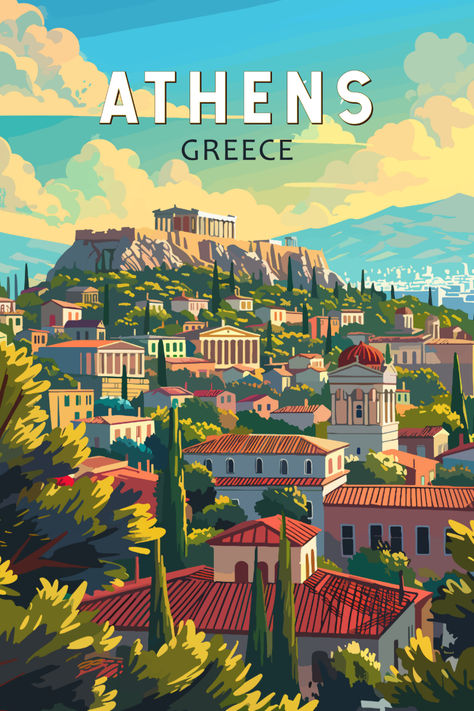 Retro-style illustration of Athens, Greece, featuring the iconic Acropolis perched on a hill with surrounding classical buildings and lush greenery under a bright blue sky with scattered clouds. Athens Travel, Classical Beauty, Greek Travel, Vintage Postcards Travel, City Postcard, Travel Collage, Travel Poster Design, London Poster, Vintage Advertising Posters