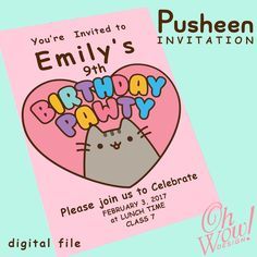 Pusheen Birthday Invitations, Pushing Cat, Cat Bday, Pusheen Birthday, Cat Birthday Party Invitations, Anna Birthday Party, 6th Birthday Party, Cat Birthday Party, Pusheen Cat