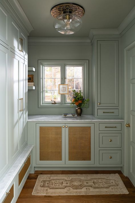 Scullery Mudroom Combined, Craftsman Style Laundry Room, Laundry Sink Under Window, Laundry In Closet Master, English Mudroom, Butlers Pantry Laundry Room Combo, Mint Green Cabinets, Wallpaper Mudroom, Classic Laundry Room