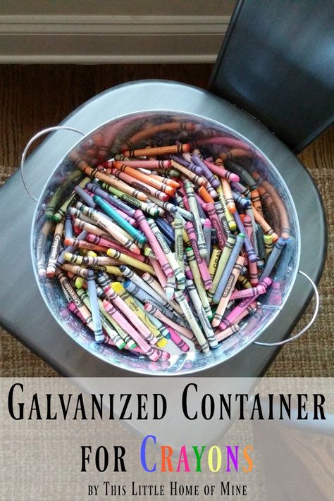 Galvanized Storage Container for Crayons - Crayon Storage Idea by This Little Home of Mine Crayon Storage Ideas, Crayon Storage, Crayon Organization, Galvanized Tray, Blue Crayon, Marker Storage, Target Dollar Spot, Fun Arts And Crafts, Homeschool Inspiration