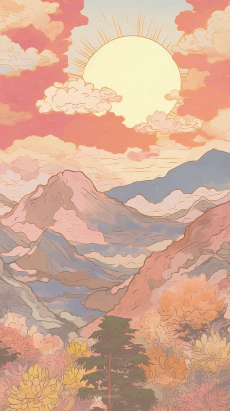 Anime Mountain, Mountain Sunset Art, Sunset Art Painting, Japan Wallpaper, Sky Iphone, Wallpaper Sunset, About Japan, Artistic Wallpaper, Wallpaper Mobile