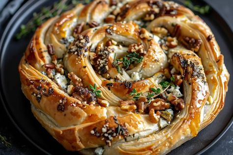 Blue Cheese, Walnut, and Thyme Pull Apart Puff Pastry Twirl - cookefast.com Blue Cheese Walnut Thyme Pull Apart, Pull Apart Puff Pastry, Blue Cheese Appetizers, Puff Pastry Recipes Savory, Savory Puff Pastry, Baked Brie Recipes, Pastry Dishes, Puff Pastry Appetizers, Recipes Savory