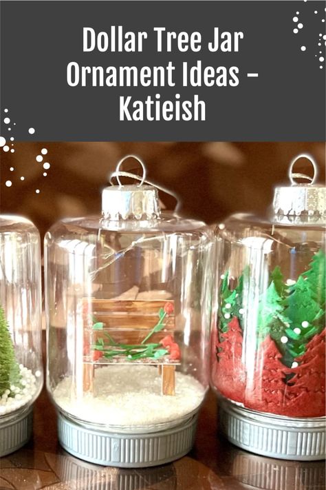 Plastic Mason Jar Ornaments, Dollar Tree Mason Jar Ornaments Diy, Dollar Tree Plastic Candy Jar With Lid Ideas, Plastic Mason Jar Crafts, Diy Christmas Ornaments Dollar Tree, Dollar Tree Clear Ornament Ideas, Mason Jar Ornaments Diy, Jar Ornaments Diy, Glass Milk Bottle Crafts