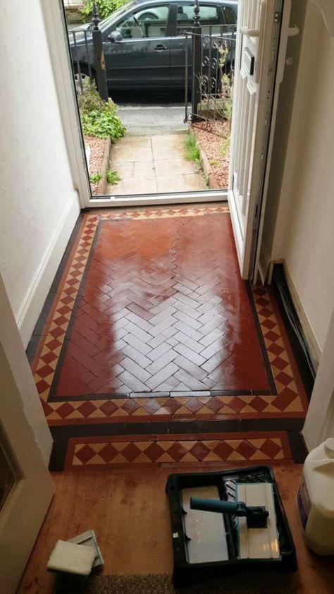 Patterned Penny Tile Floor, Quarry Tile Hallway, Craftsman Foursquare, Flooring Ideas Tile, Tiled Entryway, Tiled Hallway Floor, Victorian Tiled Hallway, Ideas For Flooring, Victorian Flooring