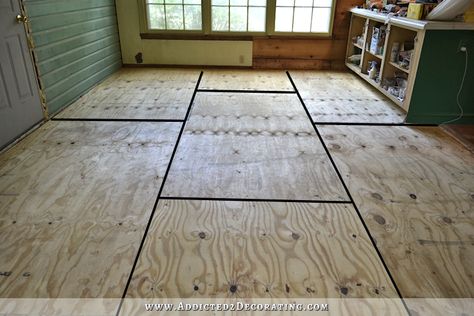 Plywood Subfloor Makeover, Plywood Sheet Flooring, Diy Plywood Flooring, Container Courtyard, Ply Flooring, Plywood Flooring Diy, Painted Plywood Floors, Plywood Floors, Zen Office