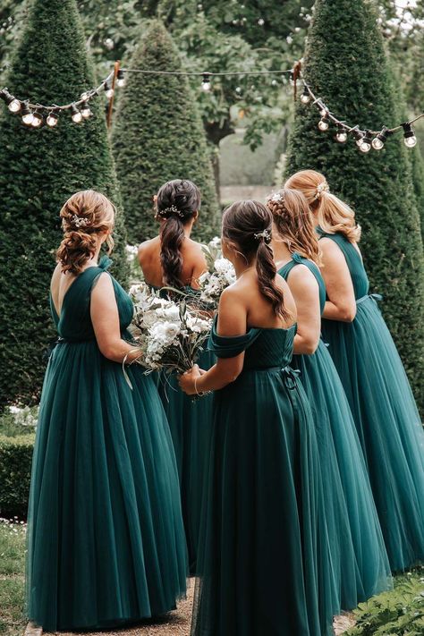 bridesmaid in forest green bridesmaid dresses face away from camera with white wedding bouquets Emerald Green Bridesmaids, Forest Green Bridesmaid, Groom And Groomsmen Outfits, Green Bridesmaids Dresses, Forest Green Bridesmaid Dresses, Cheese Tower, Watters Bridesmaid Dresses, Modern Rustic Wedding, Emerald Green Bridesmaid Dresses