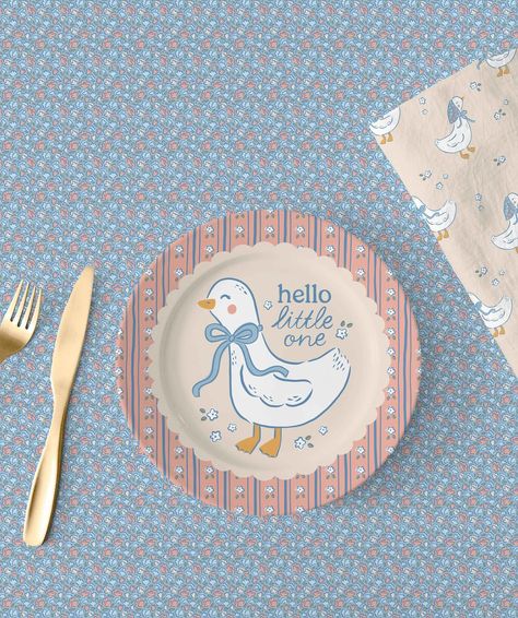 Hello Little One 🪿 How cute would a vintage goose baby shower theme be?! Using mockups I created a table setting and gift wrap with the Grandmas Vintage Geese art collection I designed. #babyshower #giftwrapdesign #surfacepattern #surfacedesignersofinstagram #surfacepatterndesign #pattern #patterndesign #womenofillustration #babytextile #babyclothing #artforlicensing Gardening Baby Shower Theme, Goose Baby Shower Theme, Goose Baby Shower Ideas, Mother Goose Baby Shower Ideas, Silly Goose Baby Shower Theme, Vintage Baby Shower Ideas, Vintage Baby Shower Theme, Geese Art, Goose Birthday