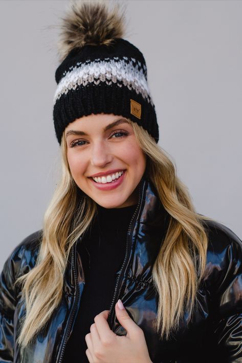 The cutest pom hat that you can wear all winter long! Our new black, gray, white and tan patterned knit hat is fleece lined to keep you warm and cozy on the coldest days this season. Winter Hats For Women, Pom Pom Hat, Fur Pom Pom, Style Expert, Knit Hat, Winter Hat, Fall Looks, Hat Pattern, Cold Day